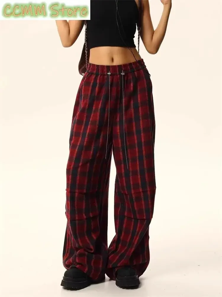Women's Christmas Atmosphere Red Grid Drawstring High Waisted Pants Young Girl Straight Bottoms Female Wide Leg Thin Trousers