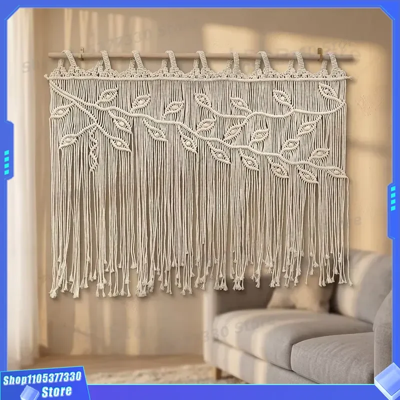 Bohemian Cotton Tapestry Curtain Hand Woven Leaf Pattern Fringe Wall Hanging Decor for Sofa Bedside Background Indoor Outdoor