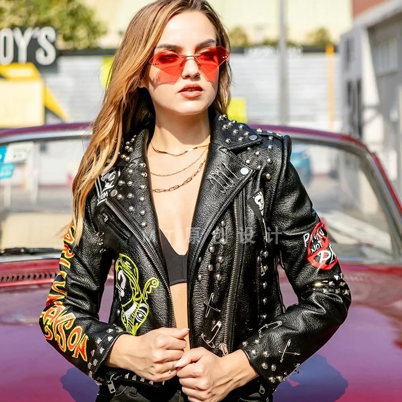 Rock Punk Pin Rivet Black Faux Leather Jacket Women 2024 New Streetwear Contrast Graffiti Print Cropped Motorcycle Racing Jacket