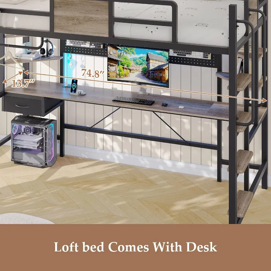 سرير علوي مع مكتب سرير علوي مزدوج الحجم مع أضواء LED ومحطة شحن سرير بطابقين مع منظم تخزين سلم قابل للإزالة #5