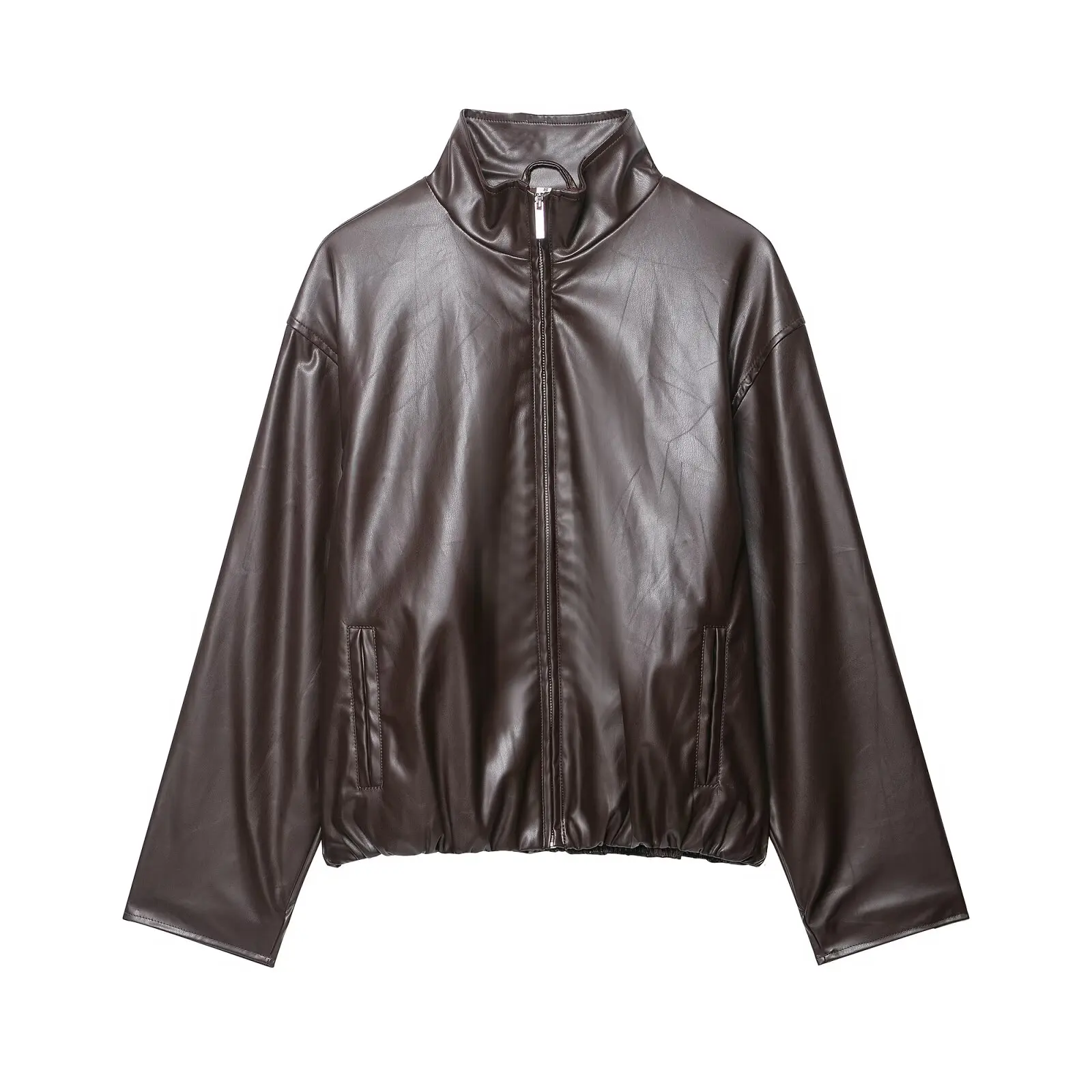 JNLEAOG Autumn New American Retro Stand Collar Leather Jaet Skirt Design Women's Faion Outerwear Polyester Fiber Long Sve