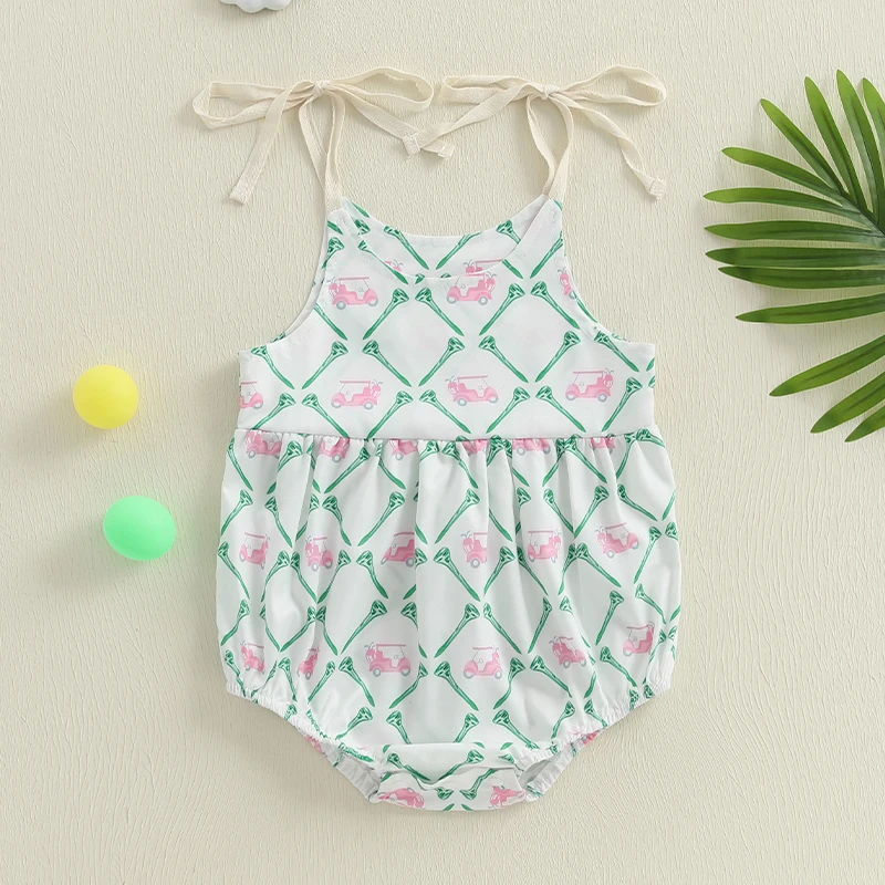 

Tregren 0-24Months Infant Baby Girls Romper Sleeveless Tie-up Golf Cart Print Bodysuit Summer Newborn Jumpsuit Clothes