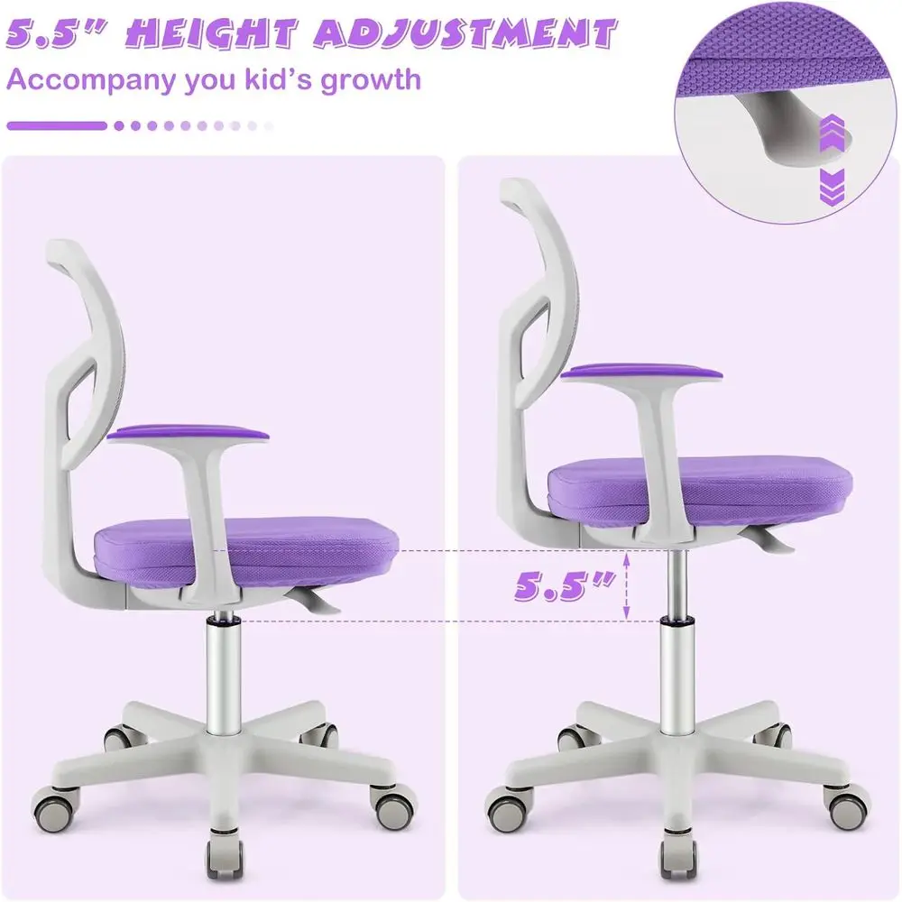 كرسي دراسة للأطفال قابل للتعديل بأذرع وعجلات، كرسي دوار مريح للأعمار من 4 إلى 12 عامًا، أرجواني #4