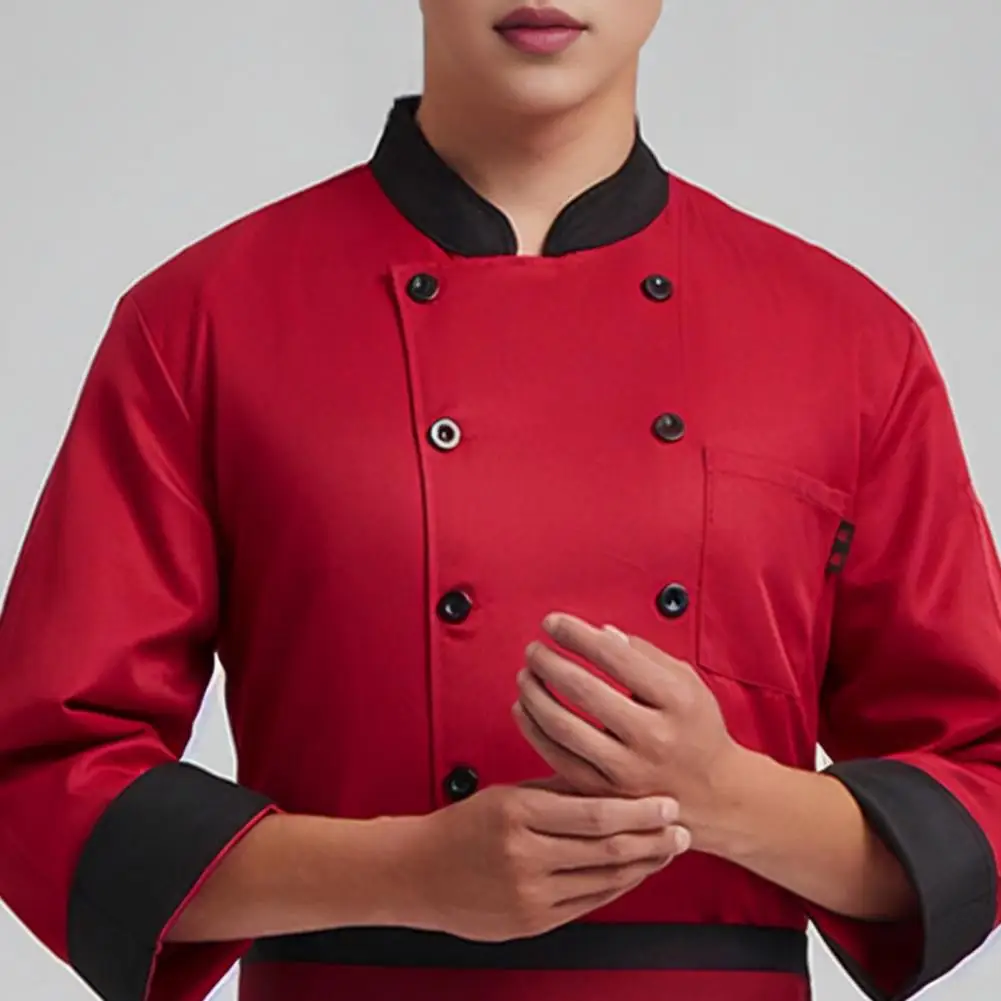 Unisex Chef Uniform With Chest Pocket Stand Collar Long Sleeve Double Breasted Chef Shirt Solid Color Kitchen Bakery Uniform