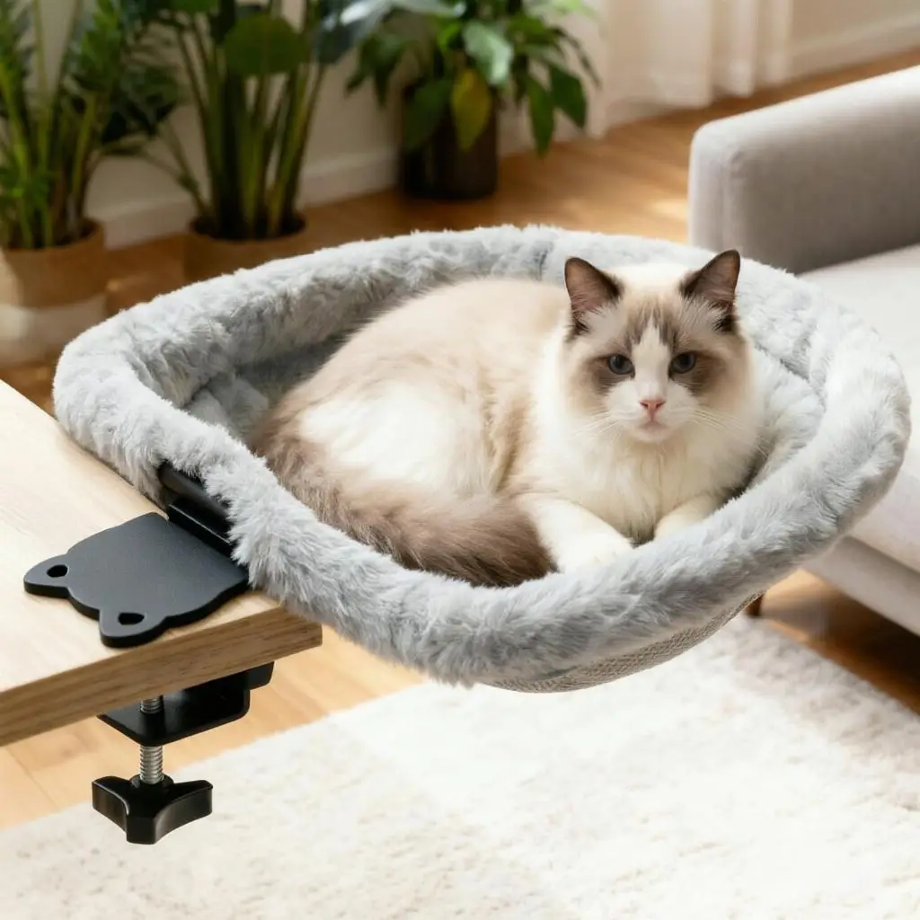 Cat Desk Bed One-Click Folding Sunken Design Space-Saving Soft Faux Rabbit Fur Material Suitable for Various Desktops