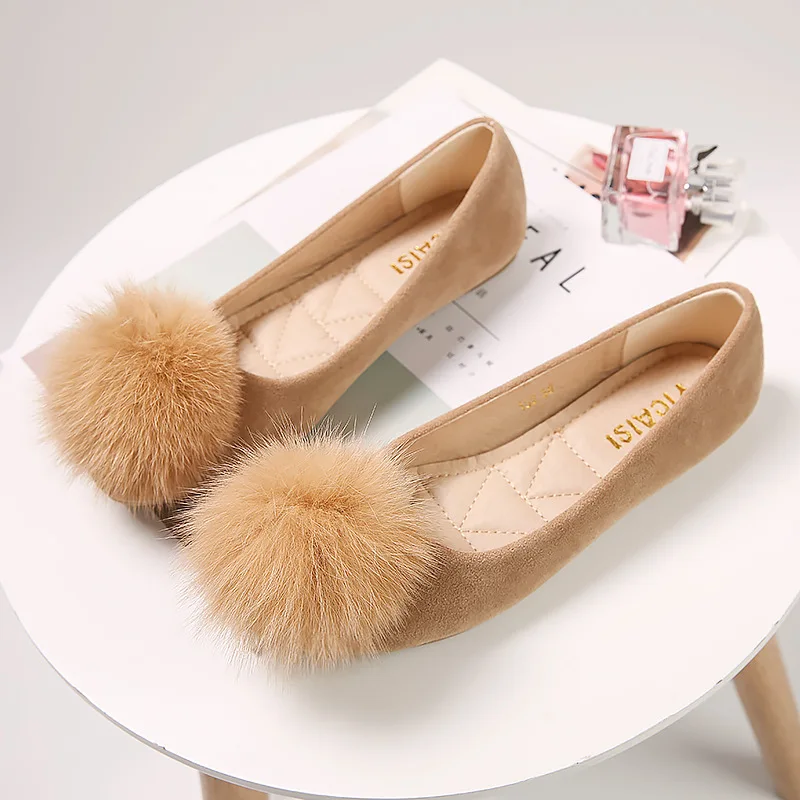 Pom-Pom Fur Ball Shoes Ladies Faux Suede Flats Women 2023 Round Toe Ballerina Femme Dress Office Loafers Comfy Slip On Mocasines