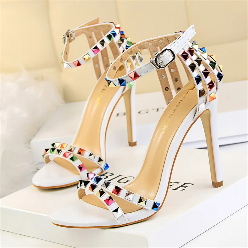 High Heel Hollow Colored Rivets Sandals Lady Stiletto Gladiator Pumps Summer 2024 Luxury Fashion Elegant Roman Style Shoes