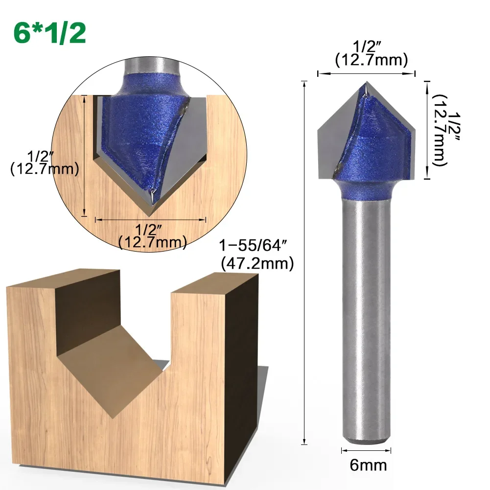 Fresa de vástago de 6MM, broca con ranura en V de 90 grados, 1/4 ", 5/16", 3/8", 1/2 ", fresa de carburo sólida para carpintería, 1 ud.
