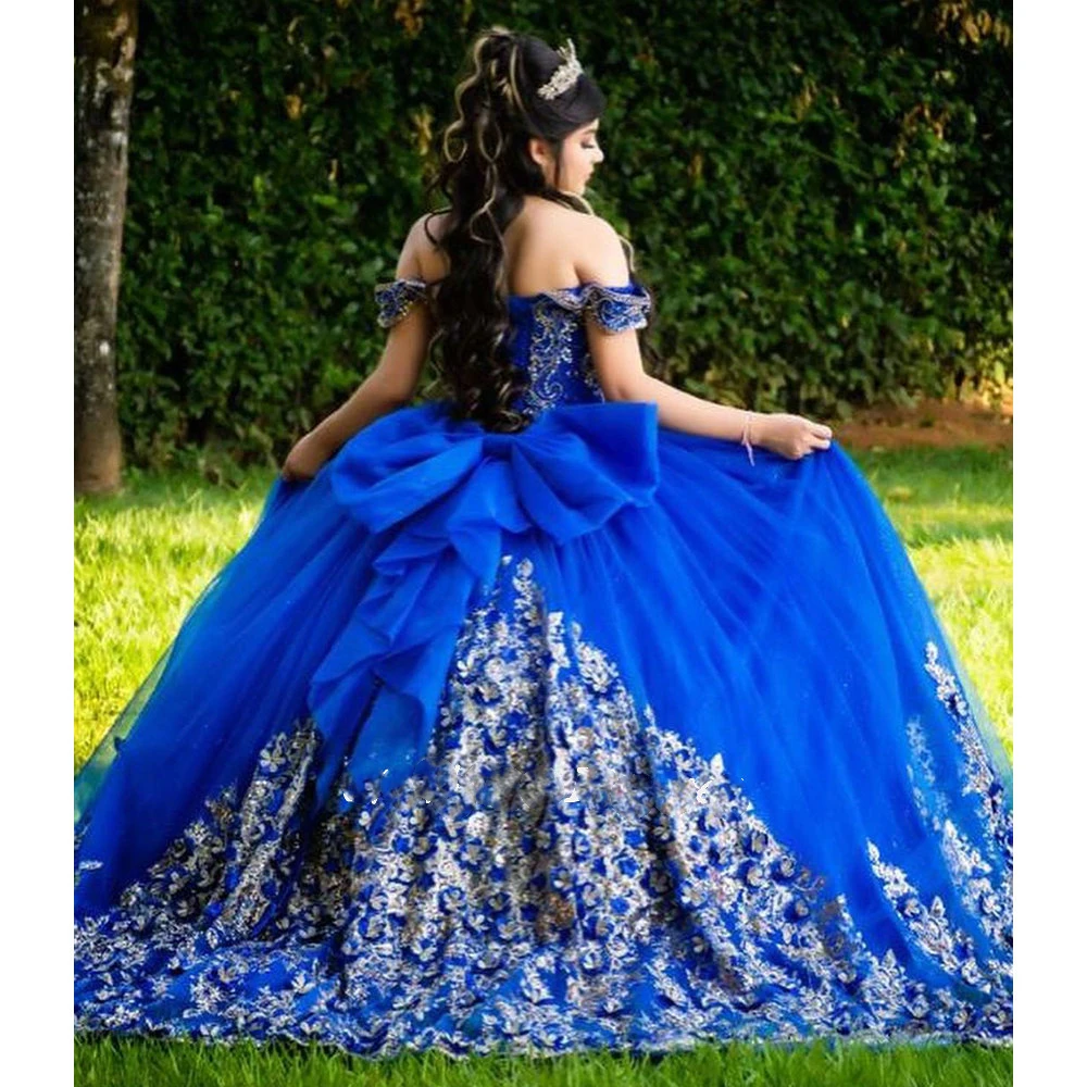 ANGELSBRIDEP-Robe de Rhde luxe bleu royal avec perles et nœud en cristal, robe de Quinceanera, appliques dorées, corset éducatif