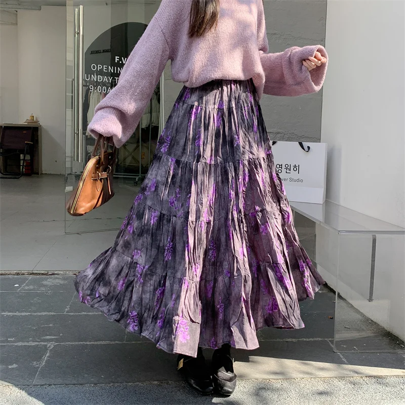 Retro Paarse Ombre Bloemen f Rok Dames Koreaanse Sle Hoge Taille Losse A-lijn Lange Rok Brede Zoom Midi Rok