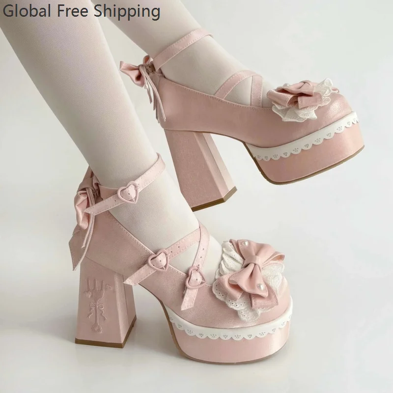 Sweet Lolita High-heeled Platform Shoes Cute Schoolgirl Cosplay Pearl Lace Bow Mary Jane Shoes Japanese-style High Heels 2026 3