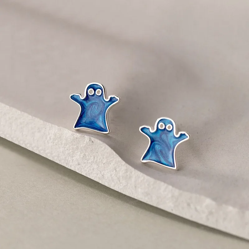 VENTFILLE 925 Sterling Silver Blue Ghost Cartoon Earrings Punk Cute Wacky Halloween Gifts Stud Earring Jewelry Dropshipping