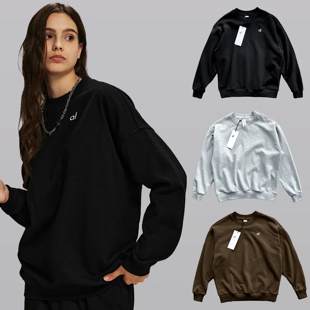 

AL Women's Long Sleeve Round Neck Sports Pullover Sweatshirt Solid Color Black Loose Casual Jogger Style Outdoor Hoodie