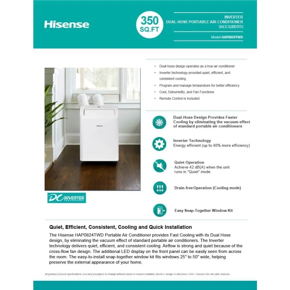 مكيف هواء محمول بقدرة 8000 وحدة حرارية بريطانية مع خرطوم مزدوج وعاكس، 350 قدم مربع، واي فاي، تطبيق ConnectLife Google و Alexa، 3 أجهزة تشغيل #3