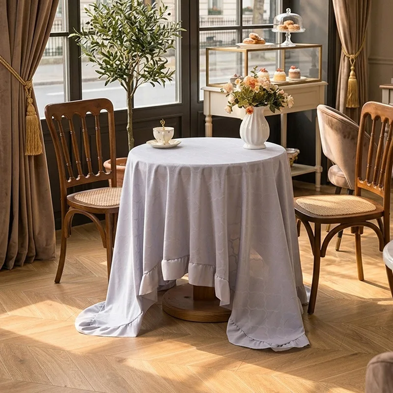 French Style Gray White Lace Tablecloth Polyester with Ruffle Hem Decorative Table Cover for Dining Room Coffee Table Party