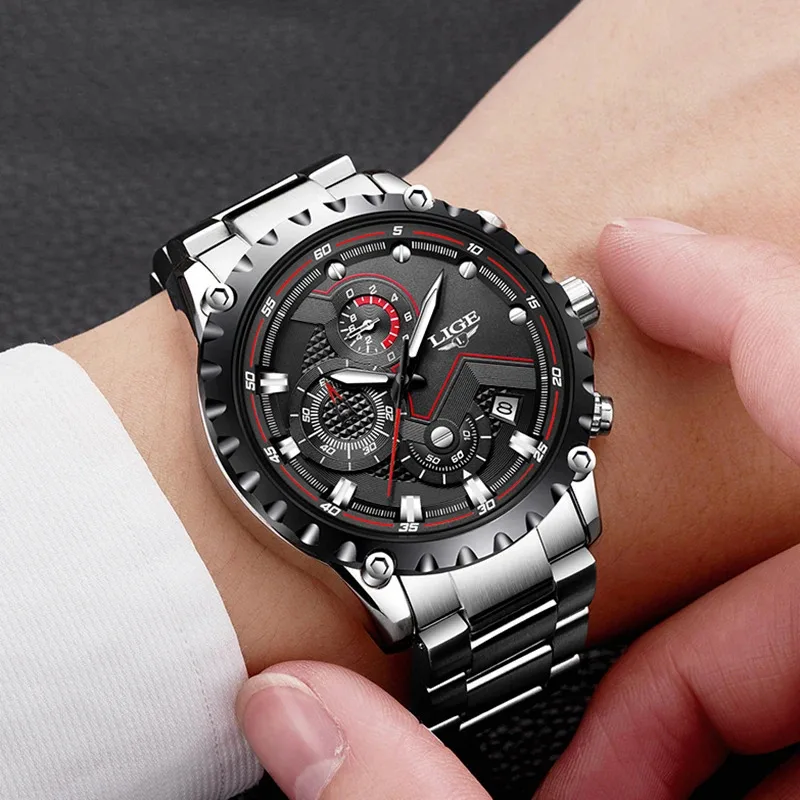 LIGE Fashion Man Watches Brand Luxury Stainless Steel Band Waterproof Auto Date Quartz Watch for Men Military Chronograph Clock
