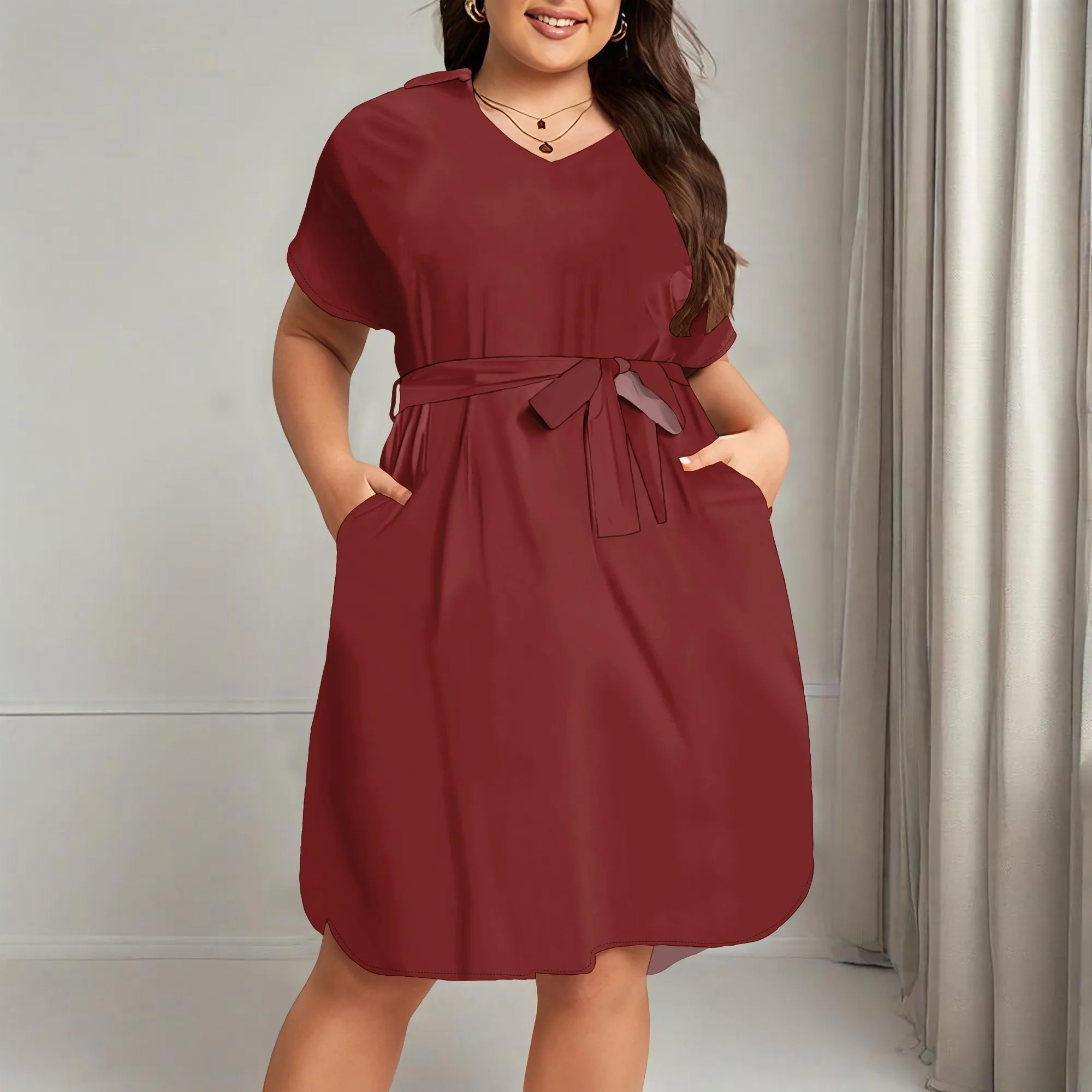 

Women's Plus Size V Neck Knee Length Dress Casual Floral Dresses Summer Short Sleeve Sundress with Pockets