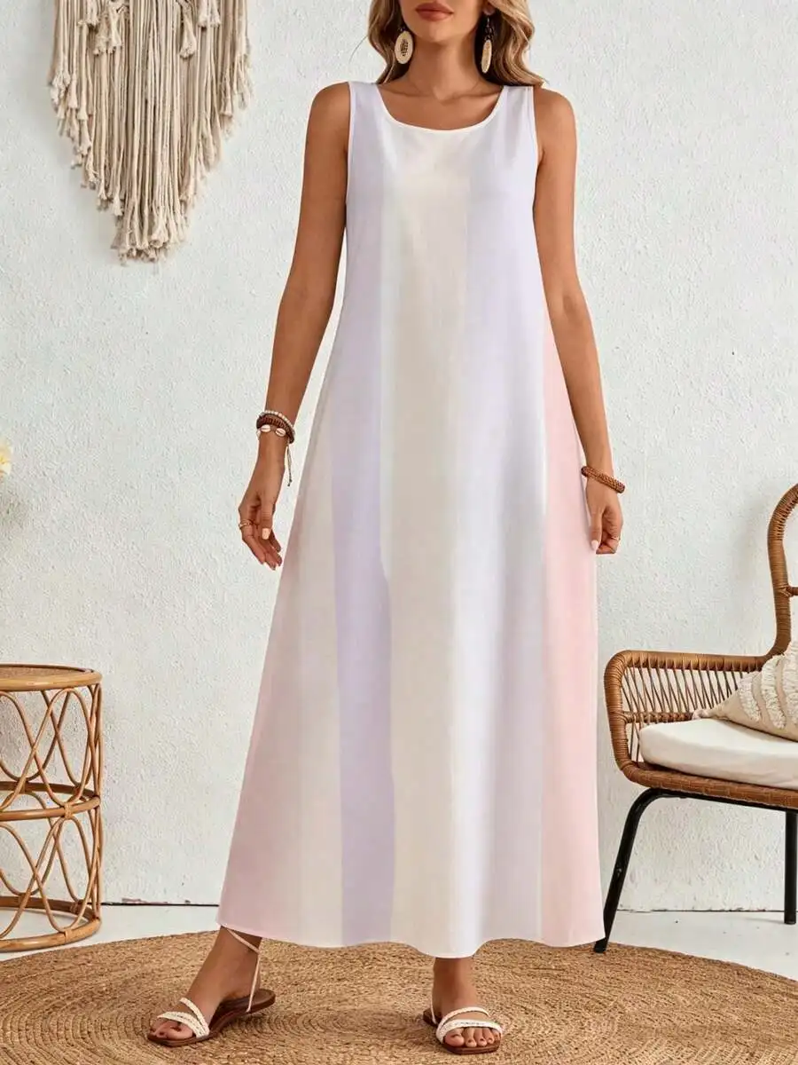 

Sleeveless Maxi Dress White Pastel Gradient Stripes Boho Summer Beach Wear