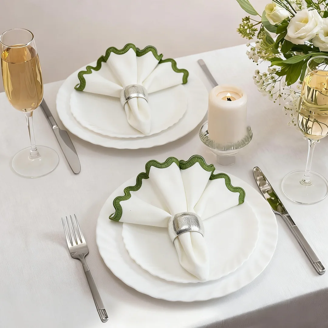10PCS Embroidered Round Napkins – Scalloped Edge Heat-Proof Table Mat, Luxury Hotel Hand Towel for Wedding & Party Decor