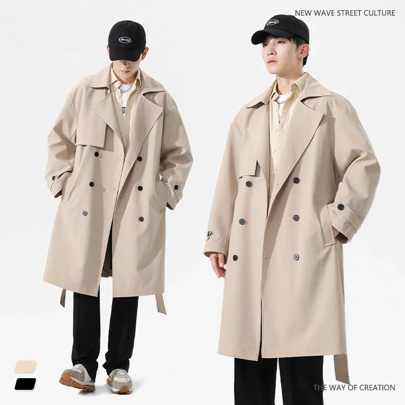 

Fall and winter new mid-length jacket loose college style fashion trend long belt trench coat jacket trench coat men clothing