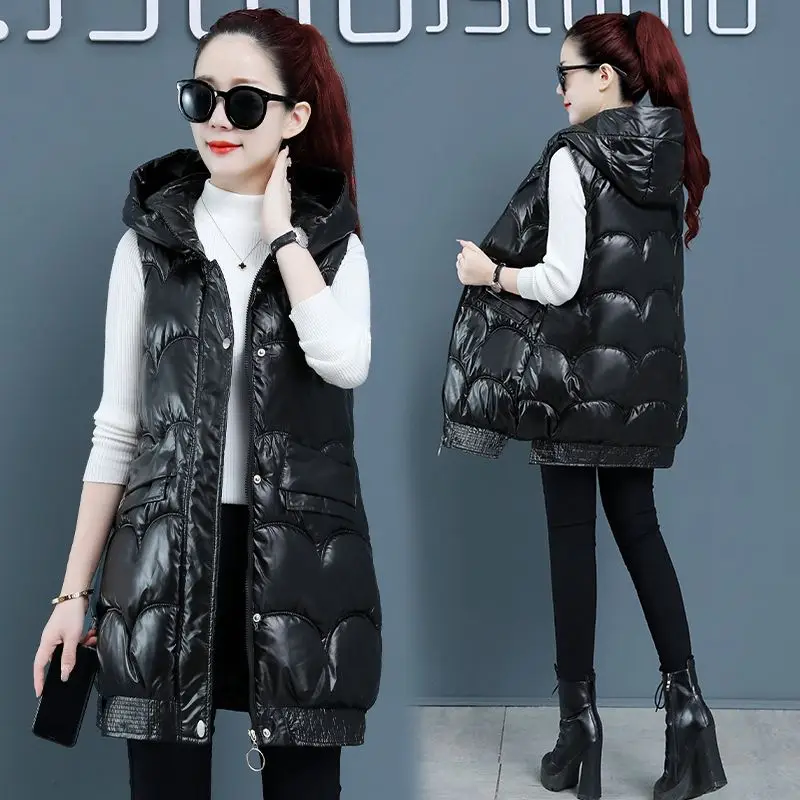 Fashion Korean Bright Down hooded Vest Coat Women Autumn Winter Long Waistcoat female Casual Thick Warm sleeveless jacket R031