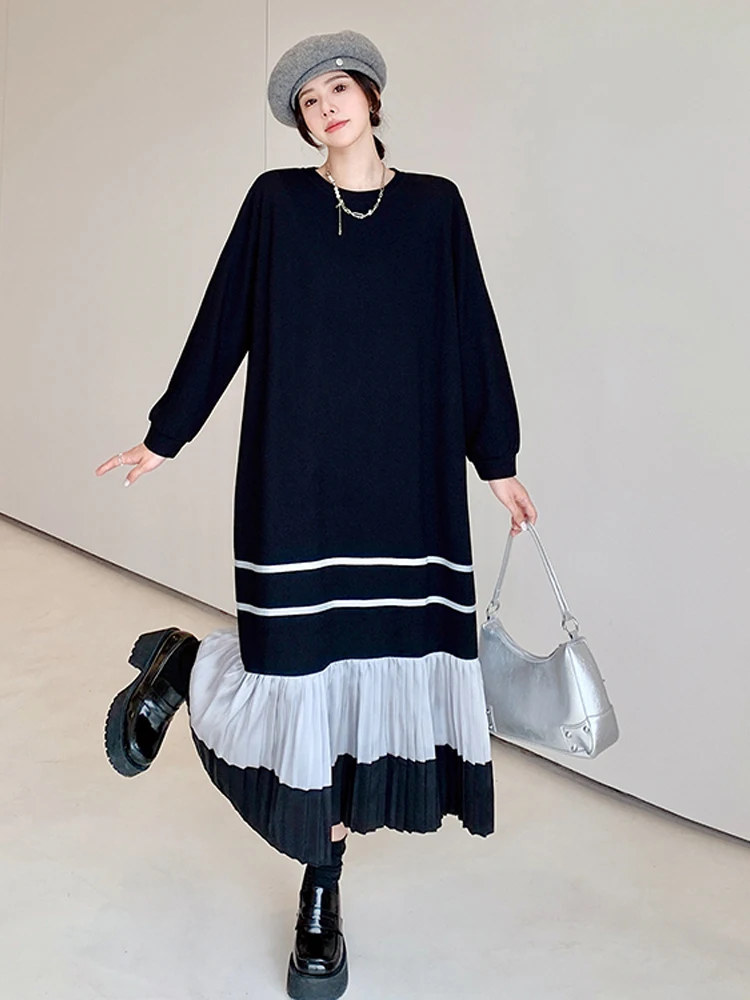 2025 خريف شتاء جديد إمرأة فستان طويل فضفاض حجم كبير رداء المرقعة الساتان هيم Elbise فساتين طويلة