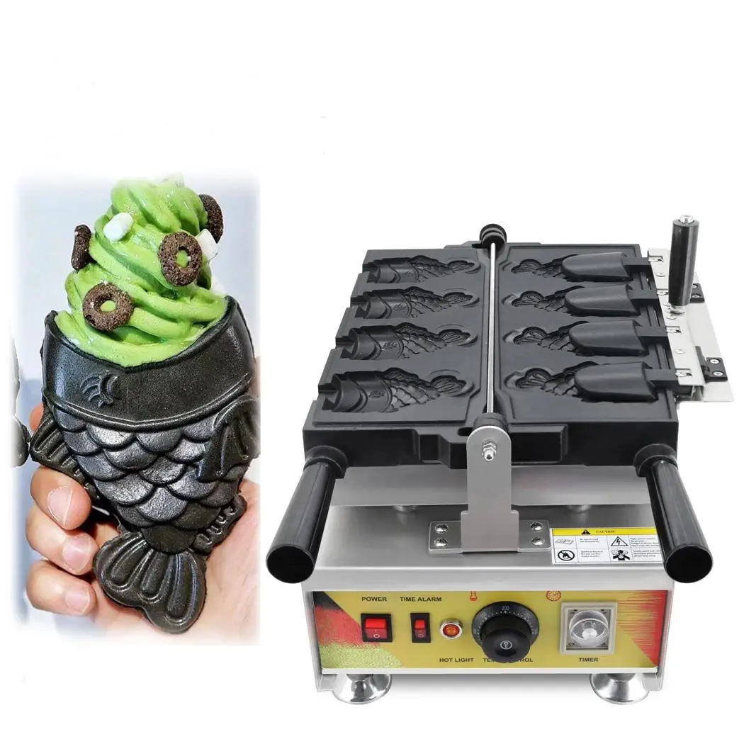 Commercial Ice Cream Taiyaki Machine Fish Cone Maker with Independent Heating of Stone Part 4Pcs Set for Business Use