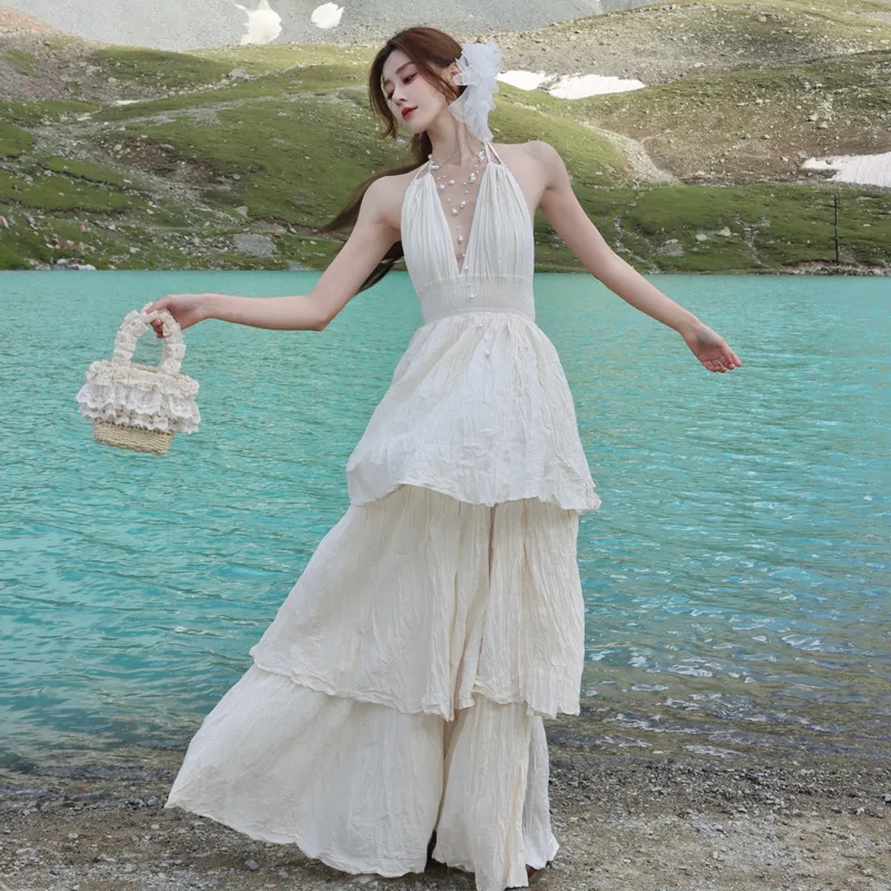 

2025 New Travel Sexy Backless Deep V Vacation Style Long Dress, New High-end Bohemian Ruffled Layered Cake Dress