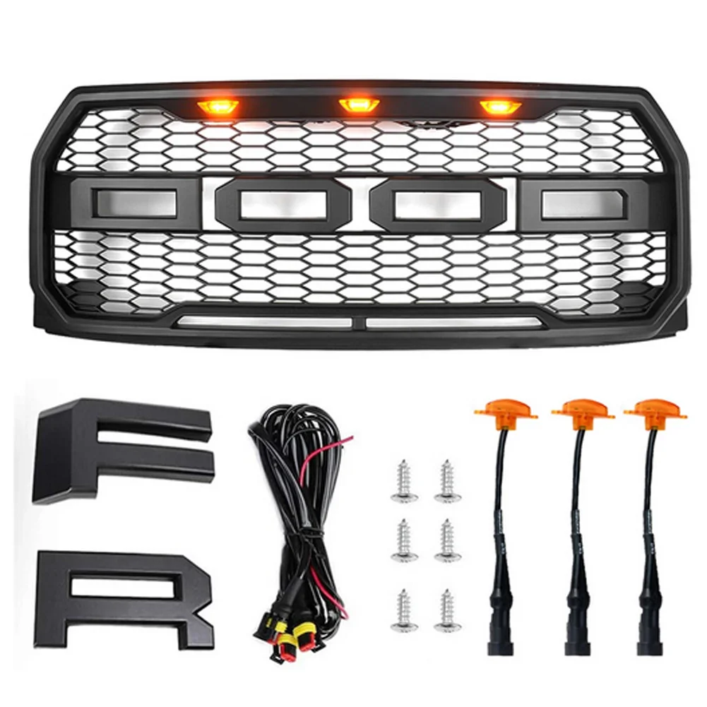 3PCS LED Lamp Car Racing Grills For Ford F-150 Raptor Style 2009-2014 Matt Black Honeycomb Mesh Front Grids Cover Accessories