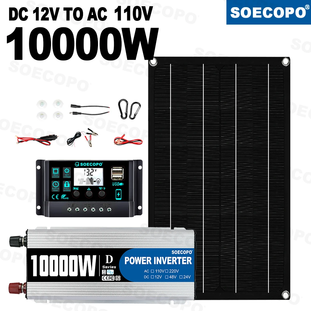SOECOPO 10000W Zonne-energiesysteem Kit 800W Fotovoltaïsch Paneel 100A Controller 12V naar 220V 110V Omvormer voor Camping/RV/Thuis