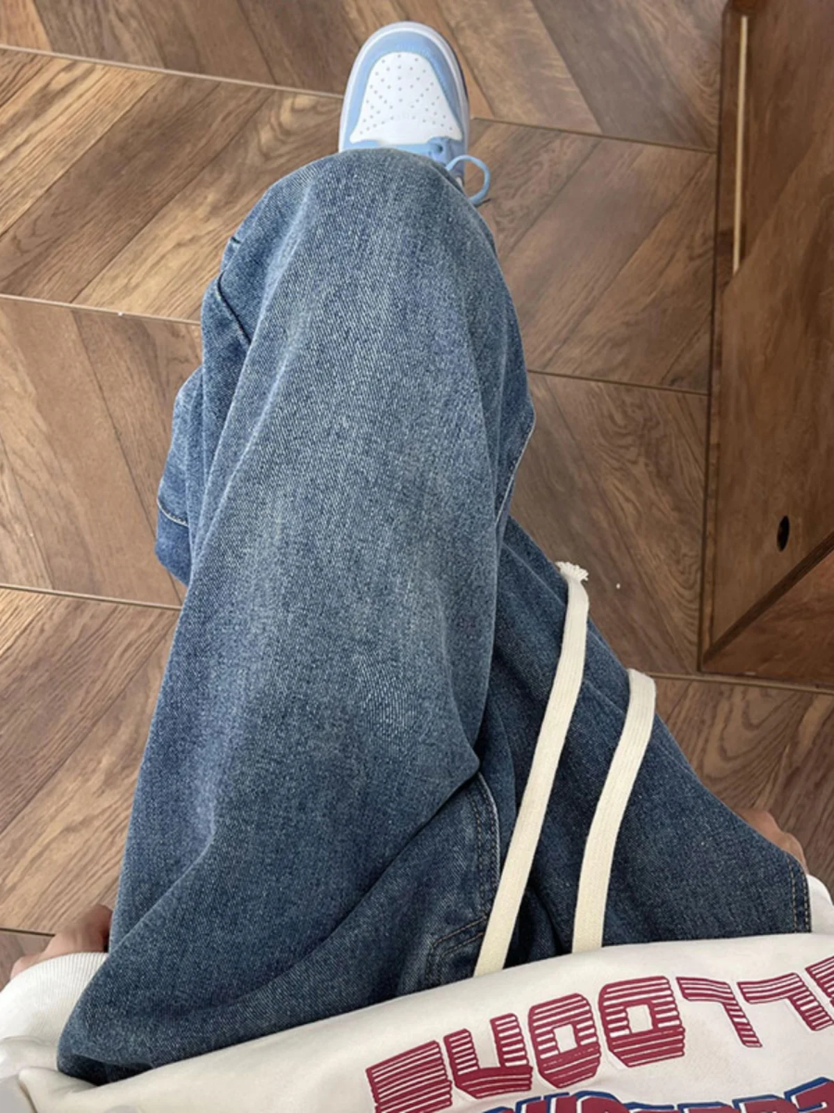 

Deep Blue Cleanfit Men's Denim Jeans American Vibe High Street Drawstring Elastic Waist Micro Flared Pants Casual Wear