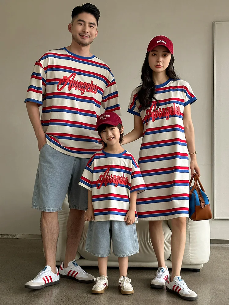 

Cotton Summer Casual ort Sve T-irt Fly Matching Clothes for Mom Dad And Kids Stripe Patterned Dr for Mom And Dau...