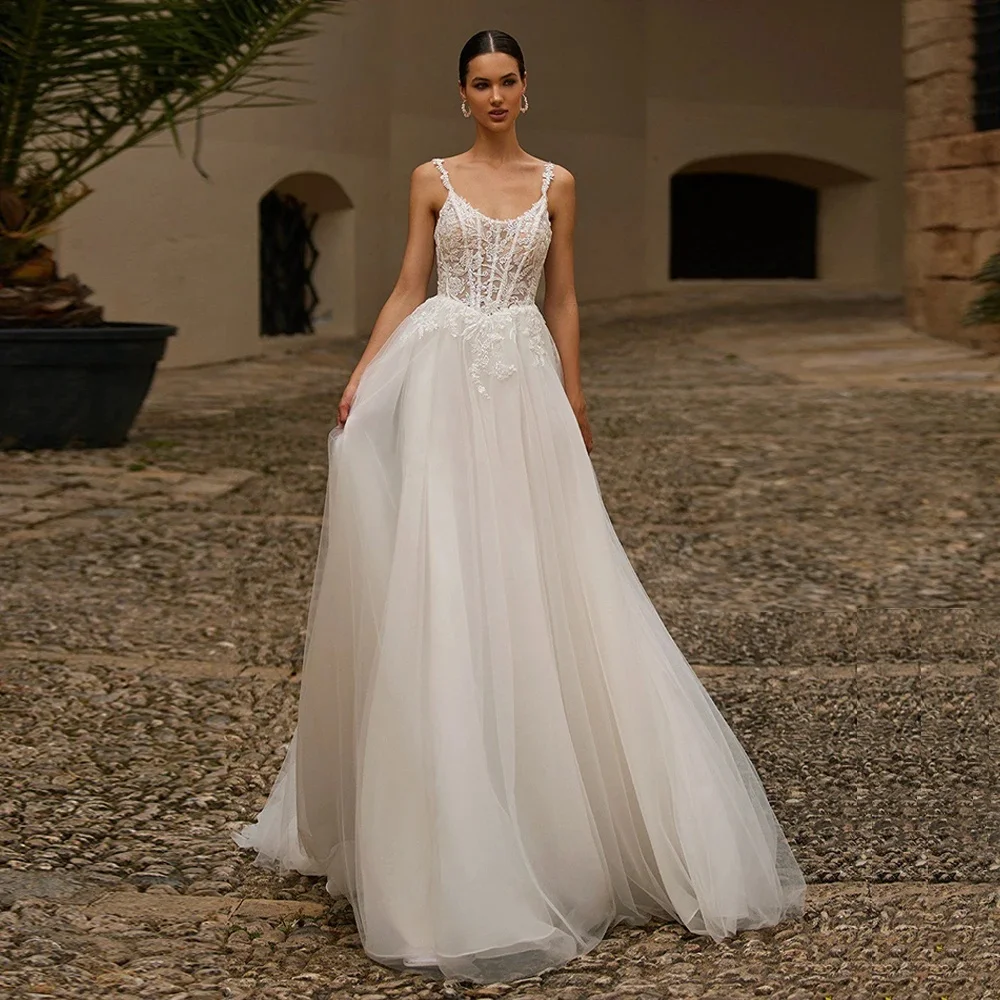 

New Arrival Spaghetti Straps Vestidos De Novia Scoop Neck See Through A-Line Wedding Dresses Appliques Vestido De Noiva