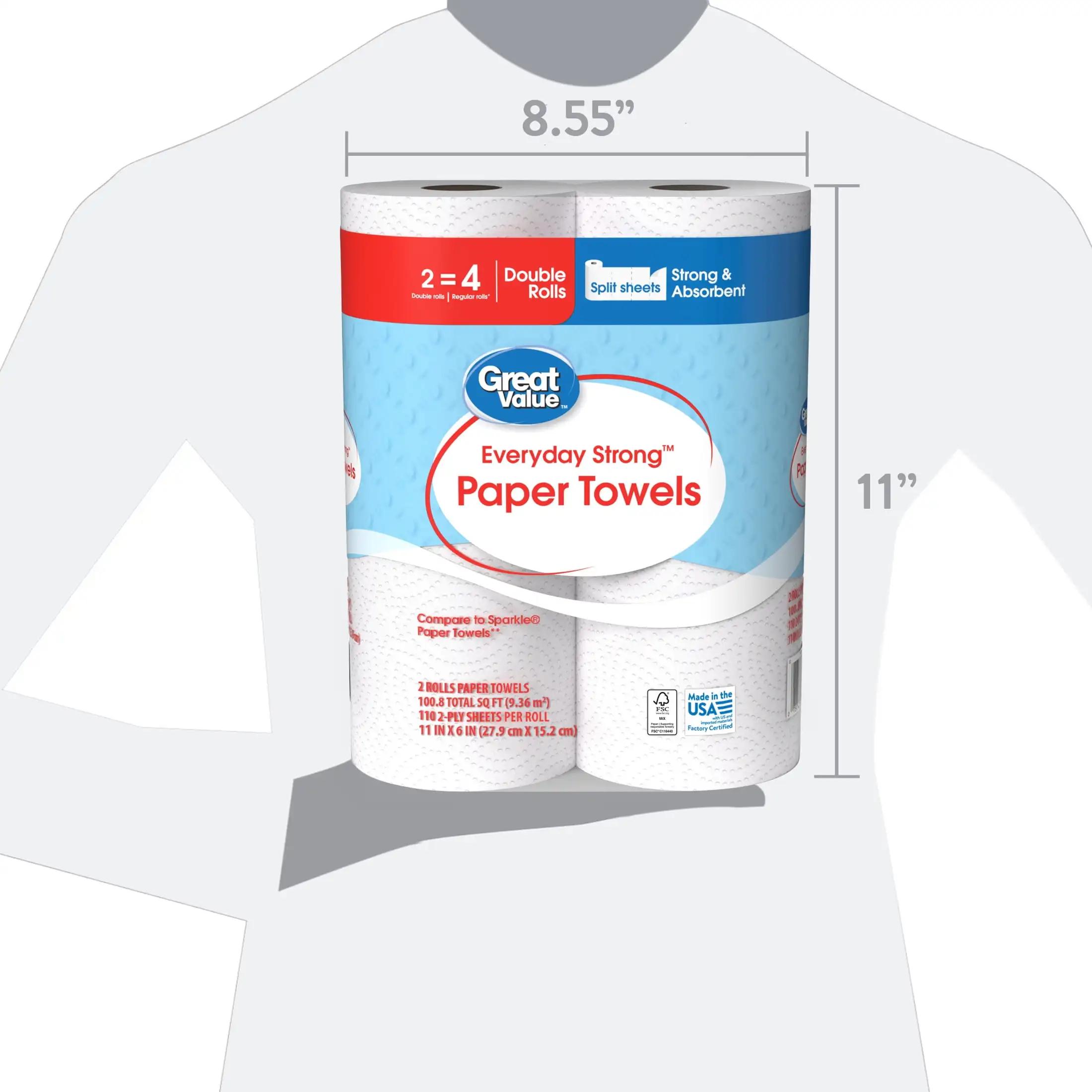 Starke Papierhandtücher für jeden Tag, geteilte Blätter, 2 Doppelrollen