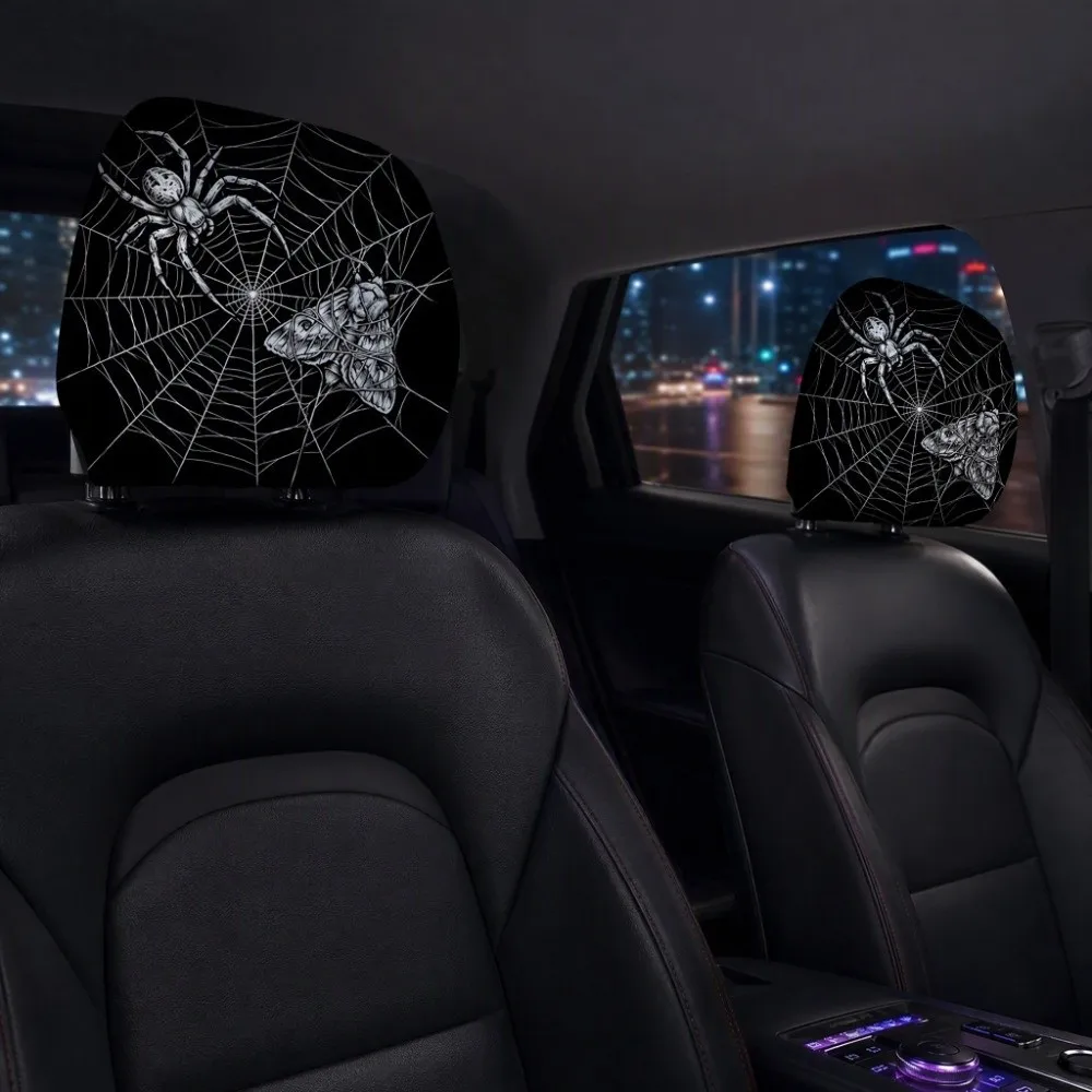 2PCS Spider Web Spider Car Headrest Covers Exaggerated Soft Comfortable Car Pillowcase Washable Cool Decorations