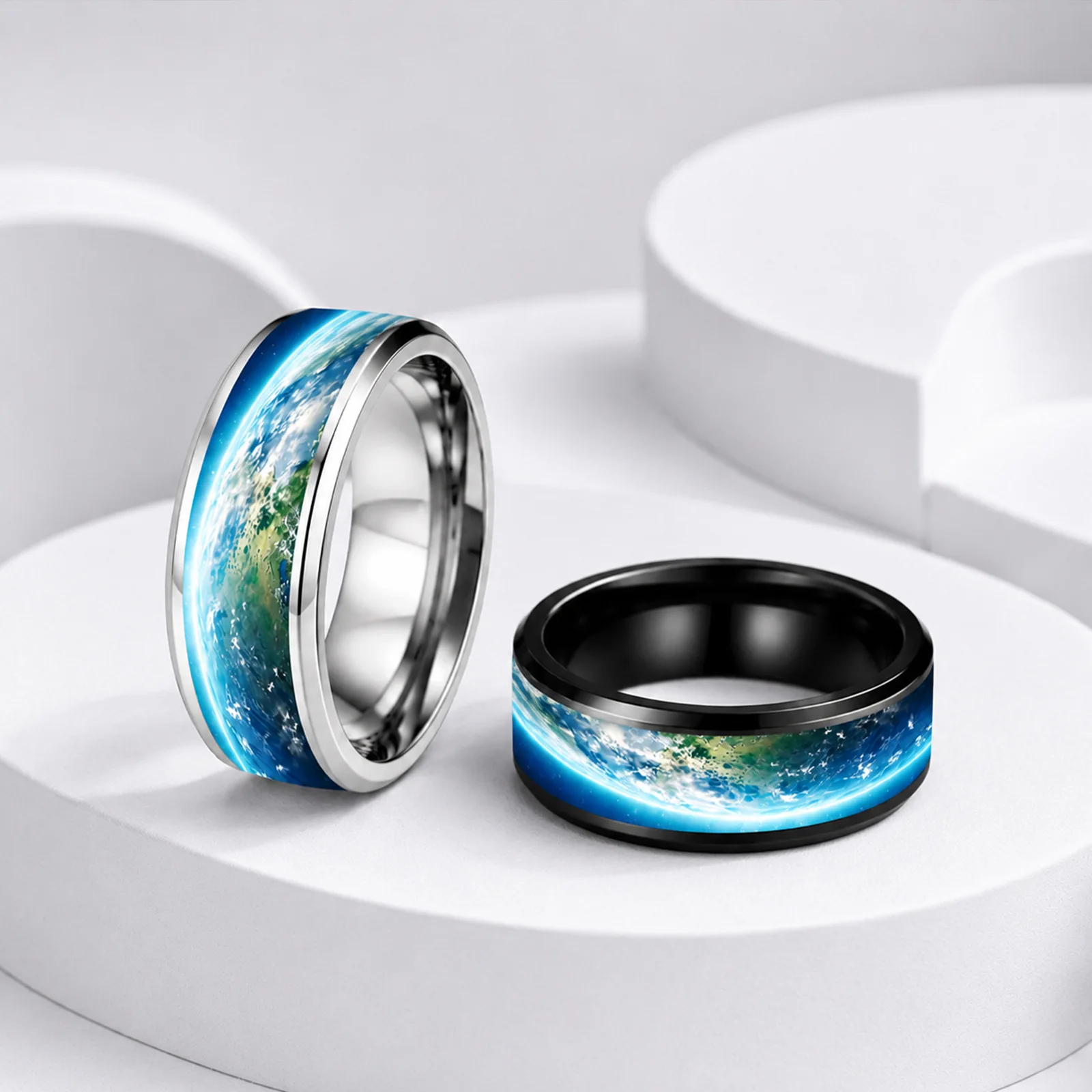 8MM Earth Stainless Steel Rings Set Polished Wedding Band Unique Double Beveled Black And White Stainless Steel Jewelry
