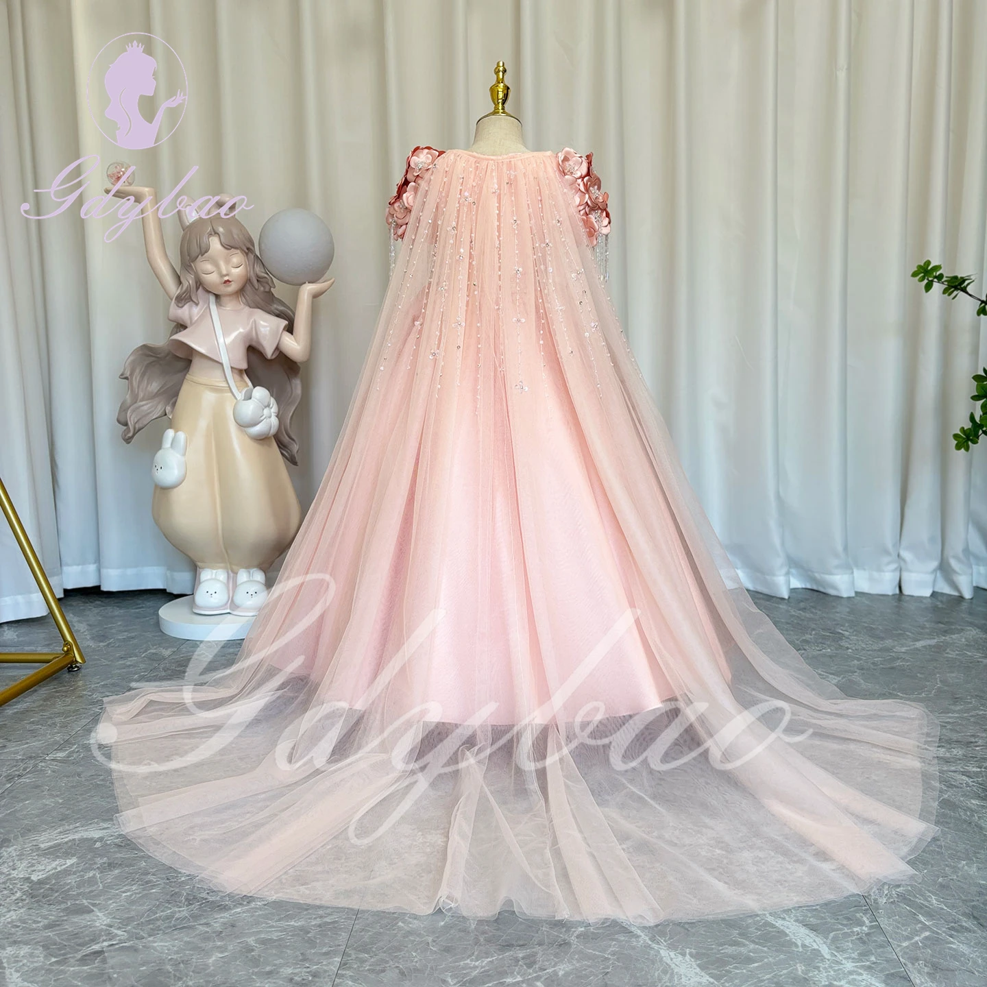 Vestido rosa de flores para niña, para boda, apliques 3d, satén hinchado, cuentas, lentejuelas, cuentas, princesa, vestido de fiesta de primera comunión para niños