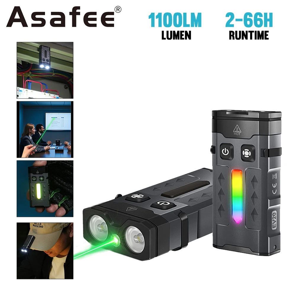 

Asafee EV20 EDC Flashlight 1100LM White+Green Spotlight Lamp Colorful Signal Side Floodlight With Magnetic Portable Clip Light