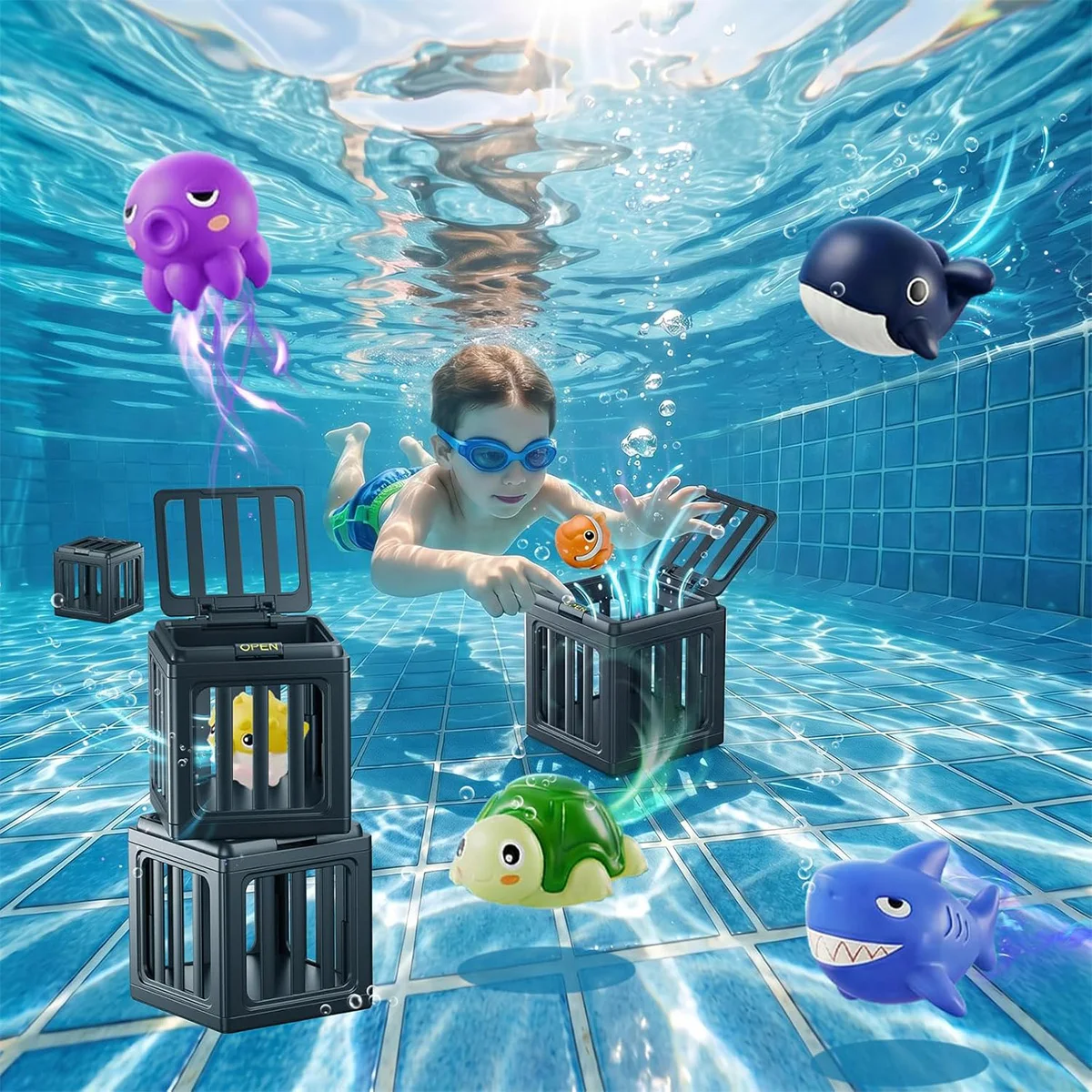 NEW Children's Swimming Pool Diving Toys, Swimming Toys with Fish Box, Floating Animals Suitable for Children Over 3 Years Old