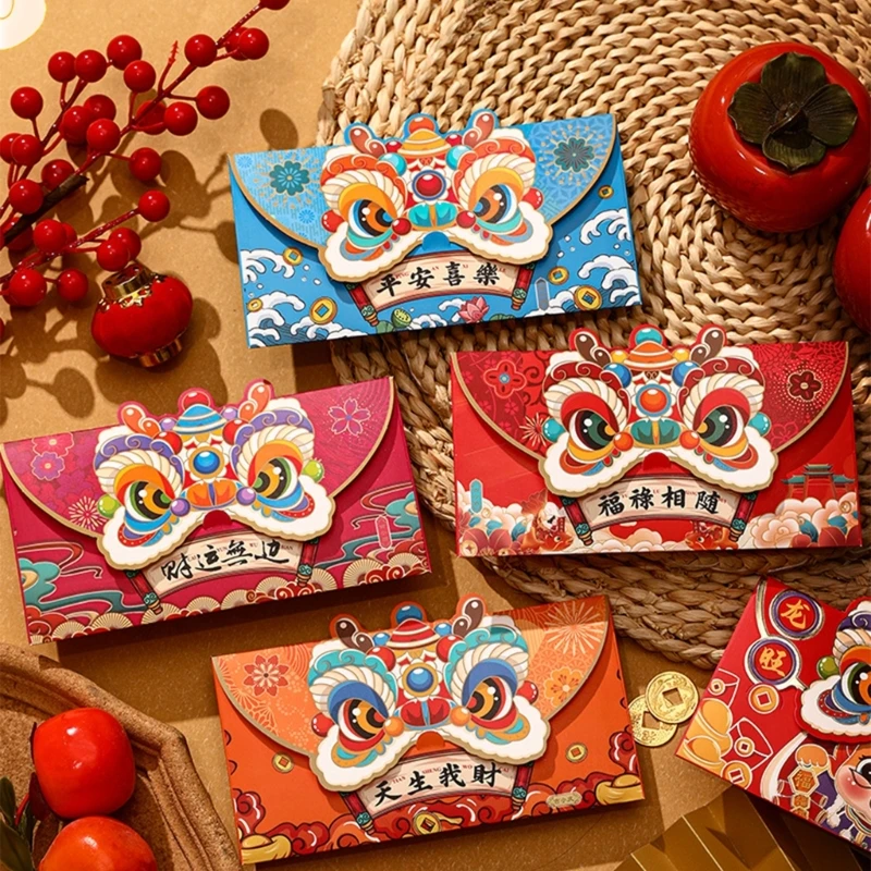 Pack of 4 2024 Dragon Year Redness Envelopes Traditional Festive Envelopes Greeting Card Envelopes Lions Dancing Decor Y5GB