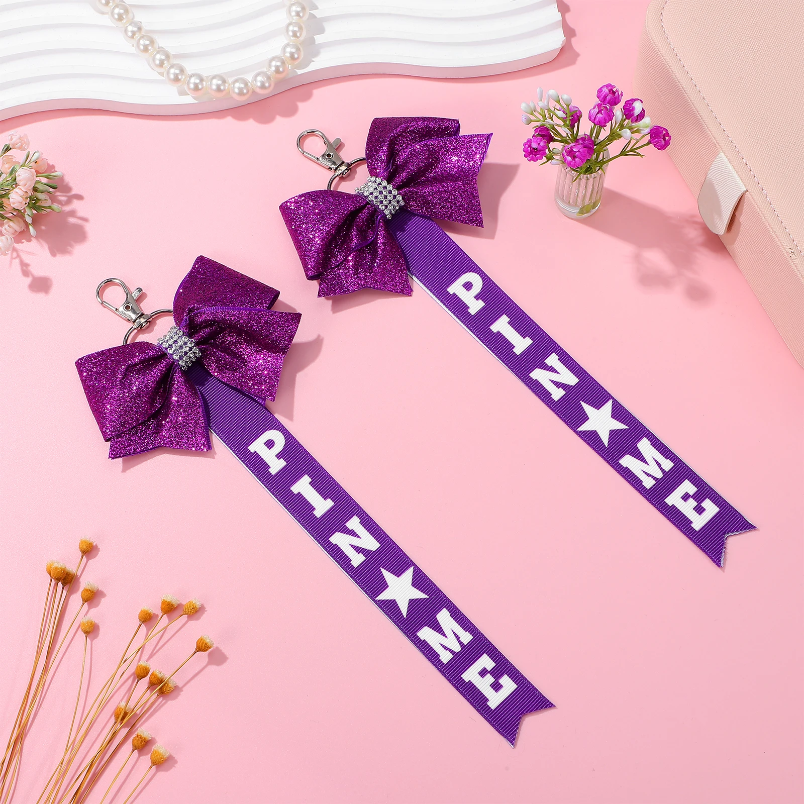 

2Pcs Bow Keychain for Girls Cheer Accessories Flash Bows Cheerleader Ribbons Elegant Design Rhinestone Bag Charm