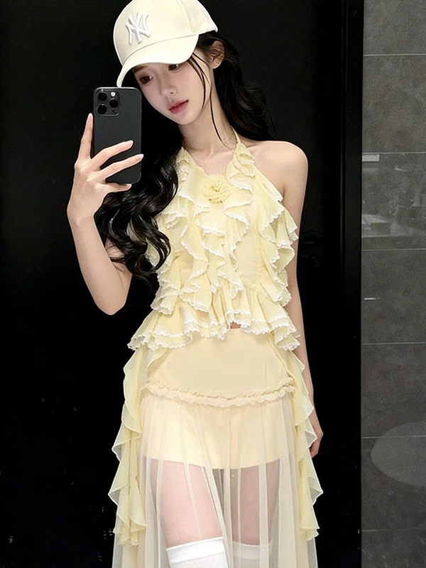 

Gentle Wind Beautiful Halter Neck Top Skirt Two-Piece Set Summer Complete Outfit High Waist Flounce Skirt Slim Fit Style