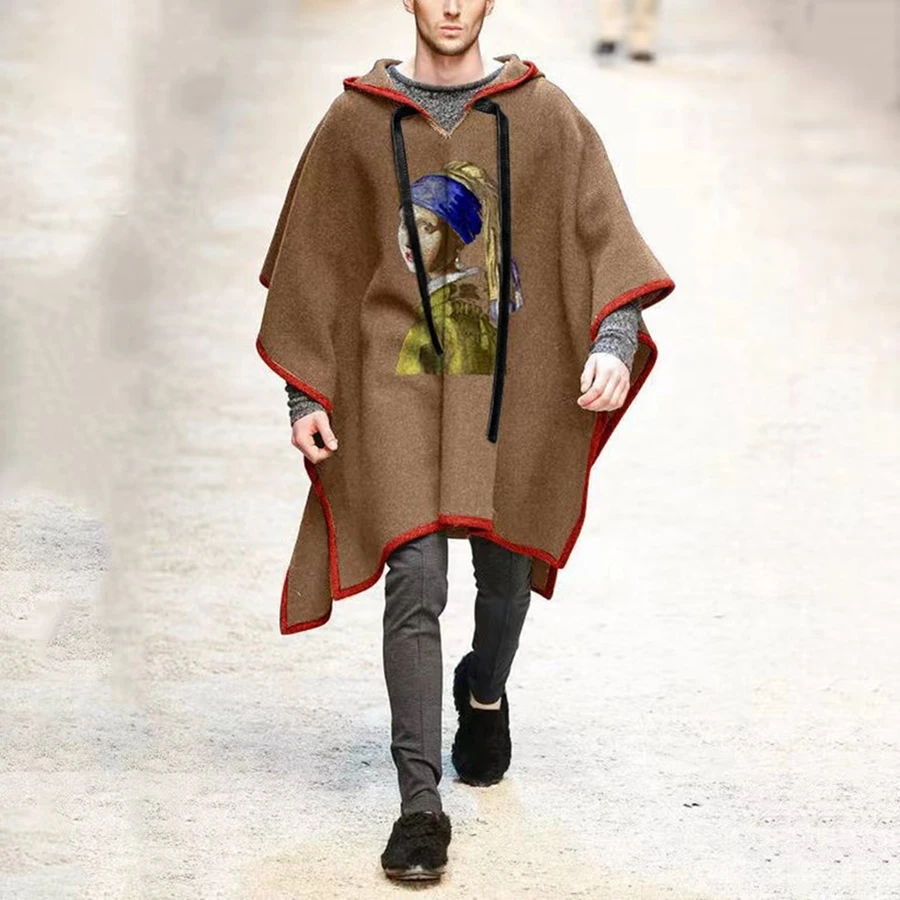 2024 Vintage Poncho Men Oversized Hooded Irregular Cape Shawl Fashion Punk Male Outerwear Coats Cloak Woollen Blends Pullovers