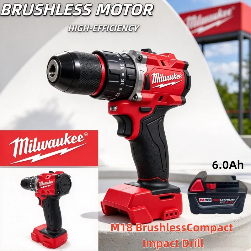 100% Original Milwaukee M18 Brushless Compact Hammer Drill, Light High-power Motor, Used for Daily Metal Wood Drilling Tools.