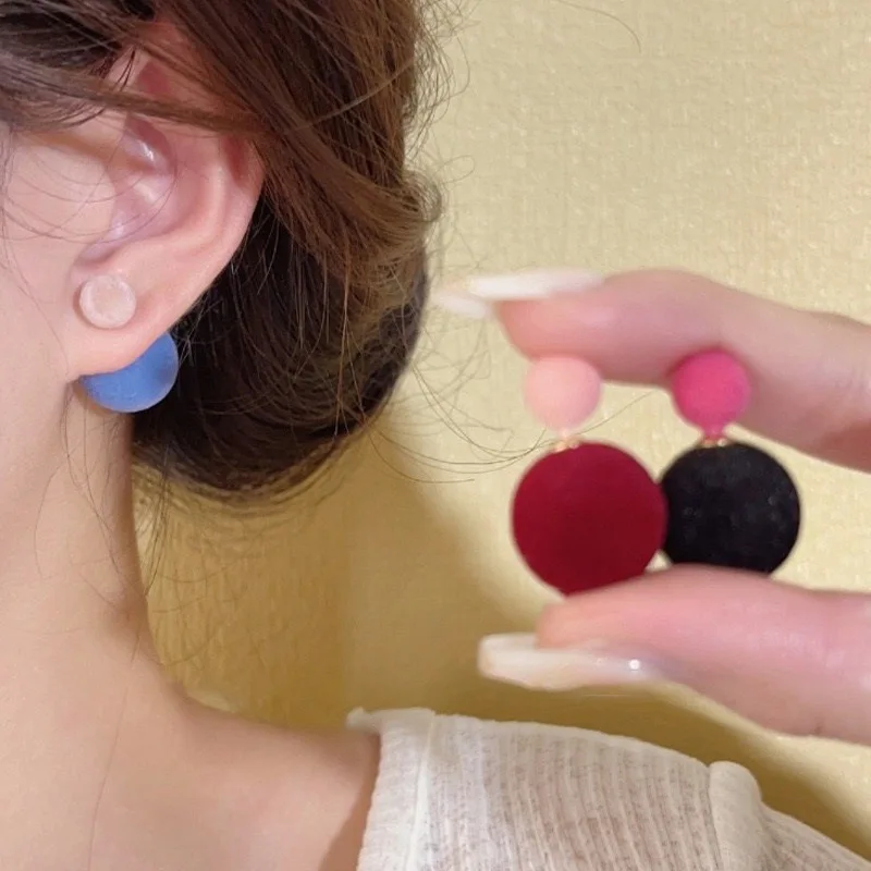 WANZHI Velvet Round Stud Earrings for Women Creative Two Wearing Methods Round Earring Fashion Jewelry Accessories Student Gifts