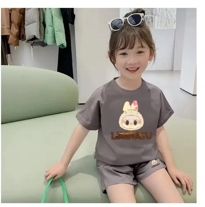 

miniso baby Children's Loose Fashion for 12vlabu Set Boys Girls Cute Short Sleeve T-shirt Shorts Cartoon Fashion Casual Set