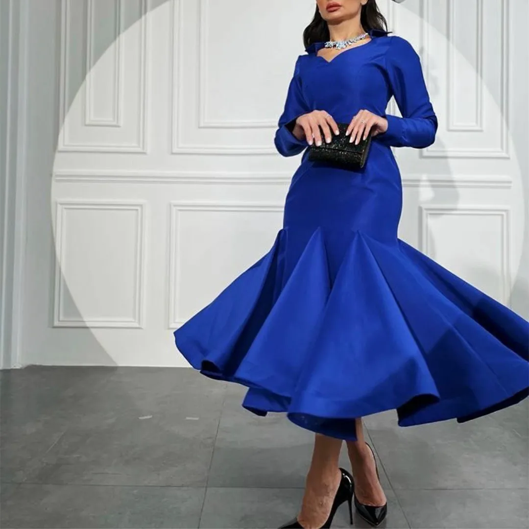 

BridalAffair Elegant Short Royal Blue Taffeta Evening Dress With Sleeves Muslim Mermaid Tea Length Robe De Mariée Party Gown