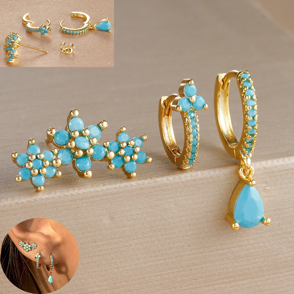 3PCS Flower Pendant Stainless Steel Earrings Set for Women Blue Zircon Water Drop Hoop Earring Aesthetic Piercing Jewelry Gifts