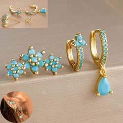 3PCS Flower Pendant Stainless Steel Earrings Set for Women Blue Zircon Water Drop Hoop Earring Aesthetic Piercing Jewelry Gifts