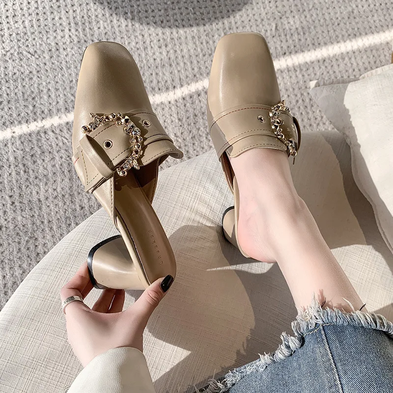 

2025 Diamond-shaped Half Slippers Women Wear Spring and Summer New Chunky Mid-heel Vintage Square Head High-heeled Slippers35-43